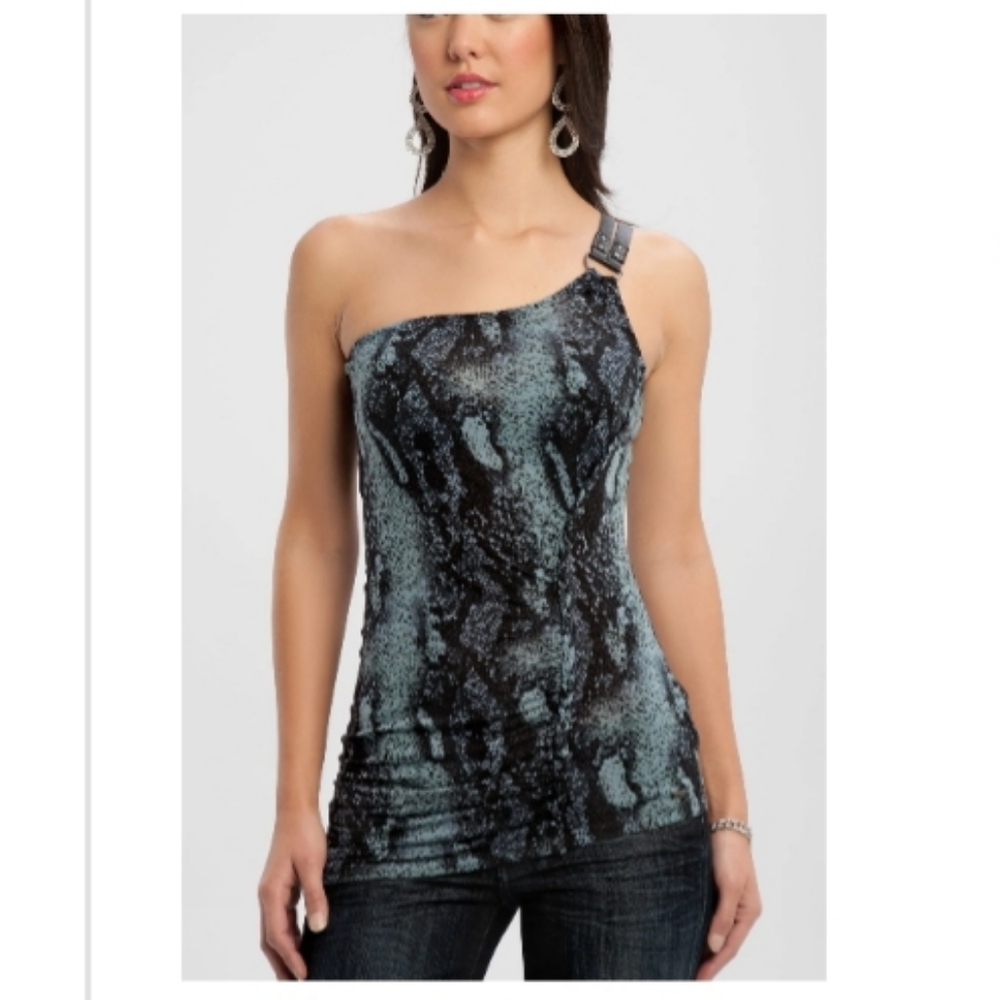 Guess One-Shoulder Snake Print Top - Black and Blue